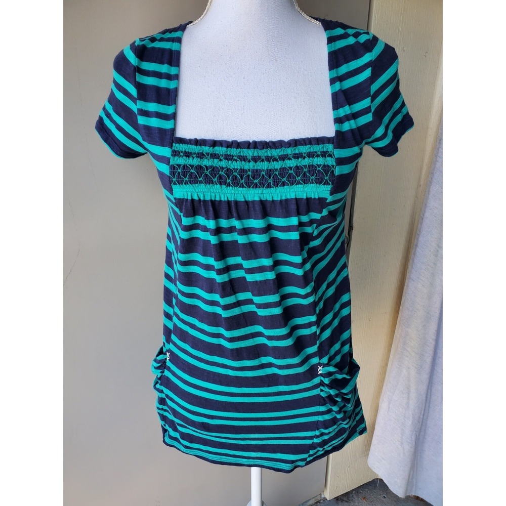 Meadow Rue Anthropologie Eyelet Tunic Women XS Blue Green Striped Marin Pockets